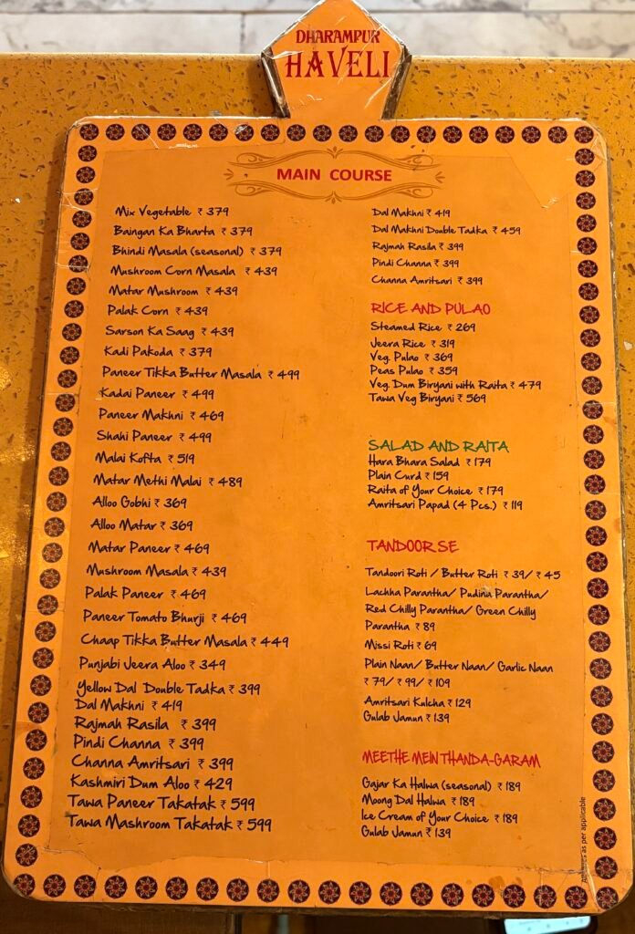 Haveli dharampur Menu