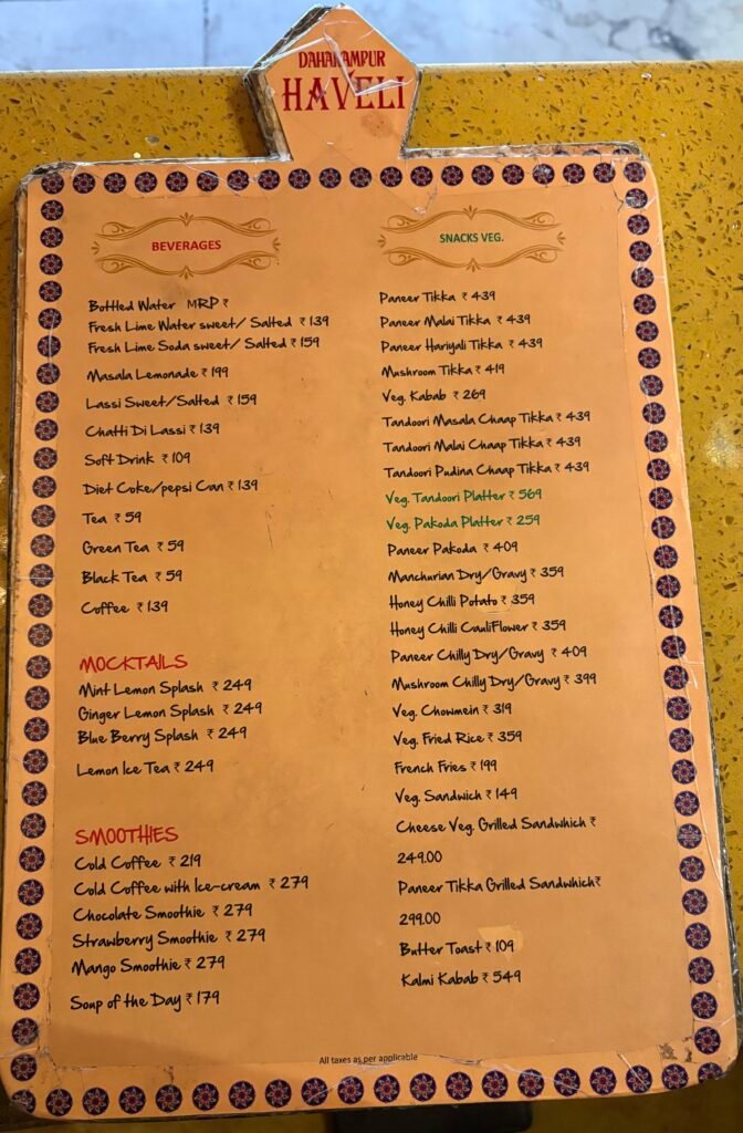 Haveli dharampur Menu